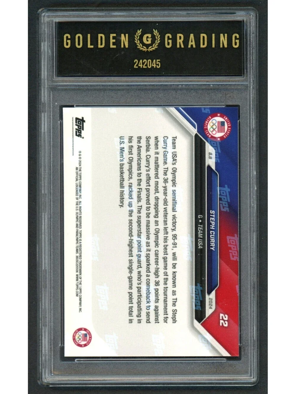 2024 Topps Now Olympics Stephen Curry #22 Team USA Gold Medal Graded Gem Mint 10